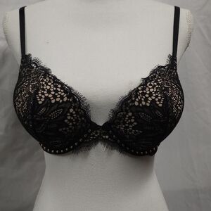Victoria's Secret Black Lace Push-Up Bra with Nude Lining and Stud Trim